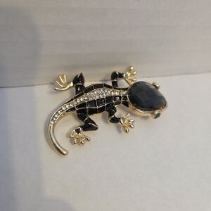 Enamel & Rhinestone Black and Gold Lizard Gecko Brooch